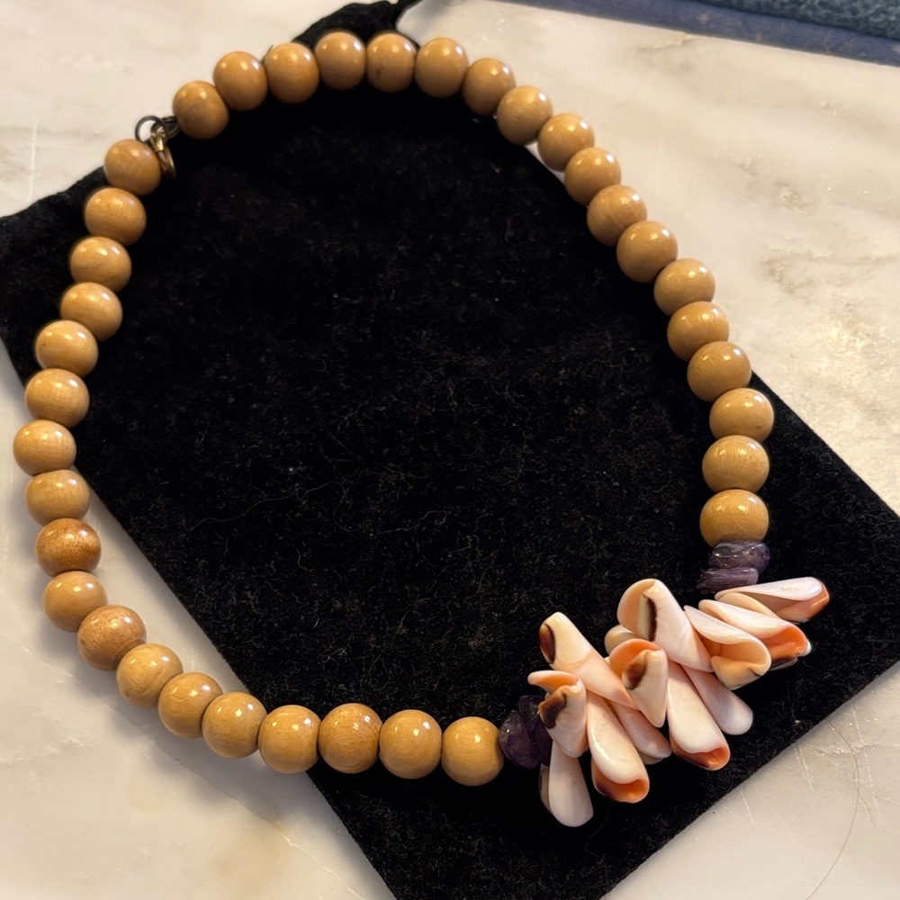 Natural Wood Bead Necklace with Shell Accents